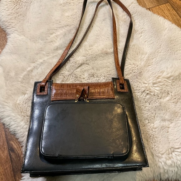 Vintage Bellerose Brown Croc Black Shoulder‎ Bag Purse Wallet Attached Leather - Picture 8 of 15